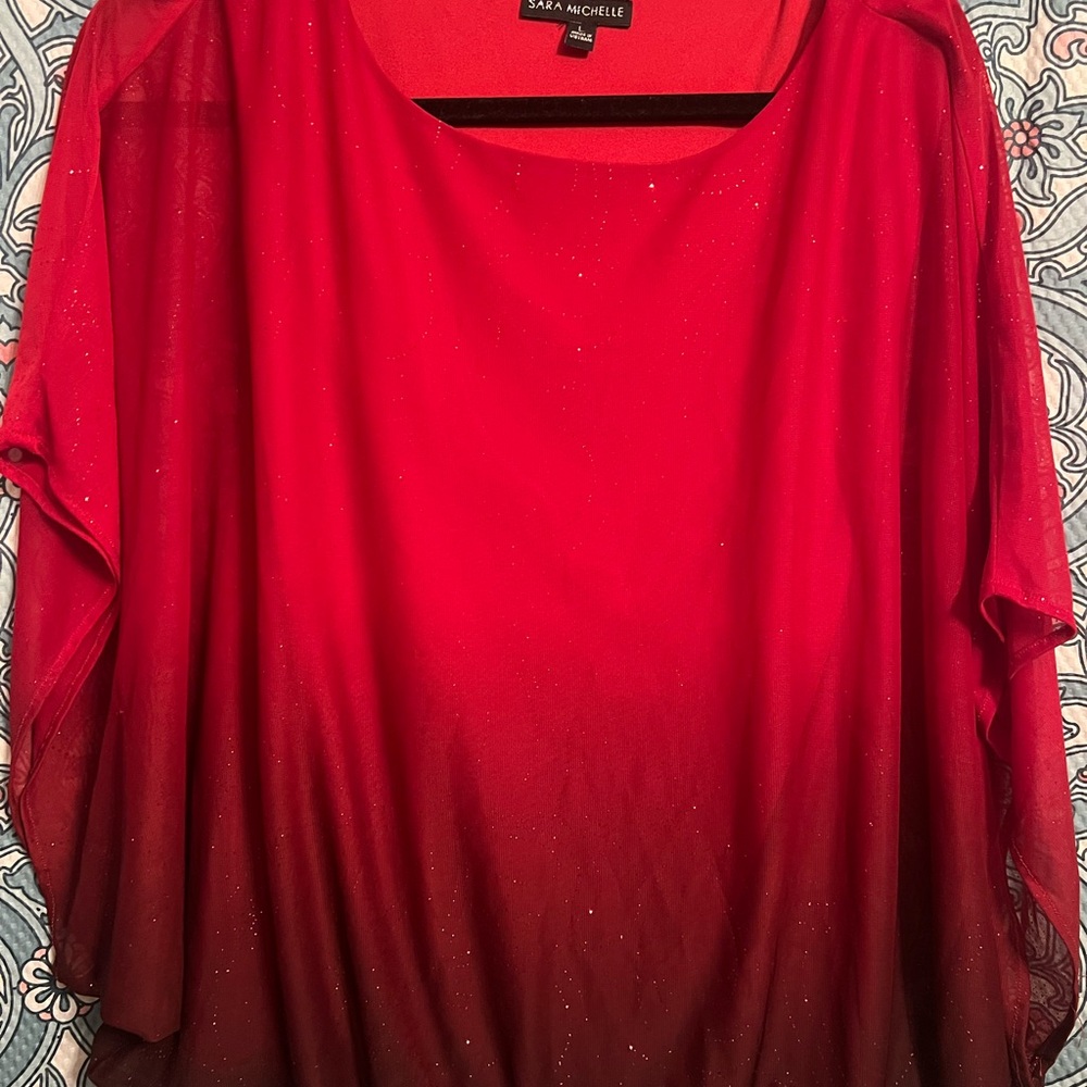 Sara Michelle Red Sparkle Tunic with Sheer Sleeves
